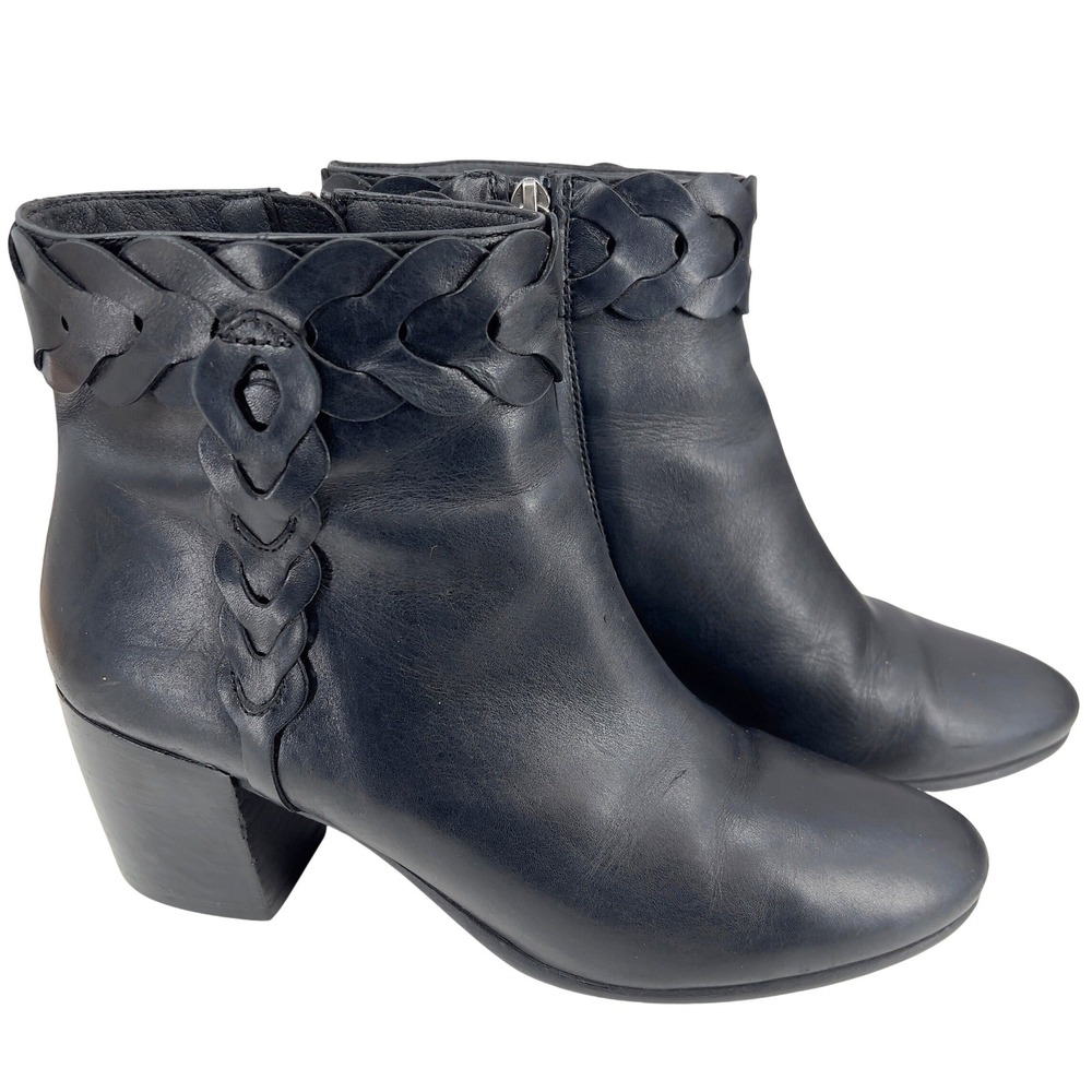 Geox Womens Ankle Boot Black Leather Braided Trim‎ Block Heel EU 40 US 9 | 9.5